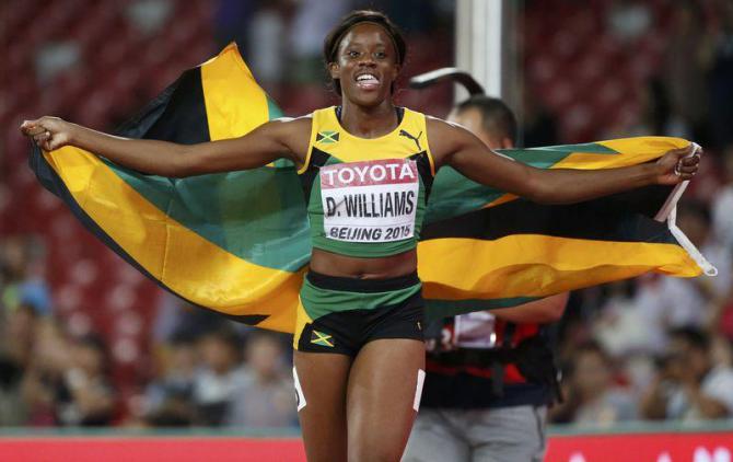 Danielle Williams of Jamaica reacts after winning the women's 100m hurdles during the 15th IAAF World Championships at the National Stadium in Beijing, China August 28, 2015. REUTERS/Lucy Nicholson